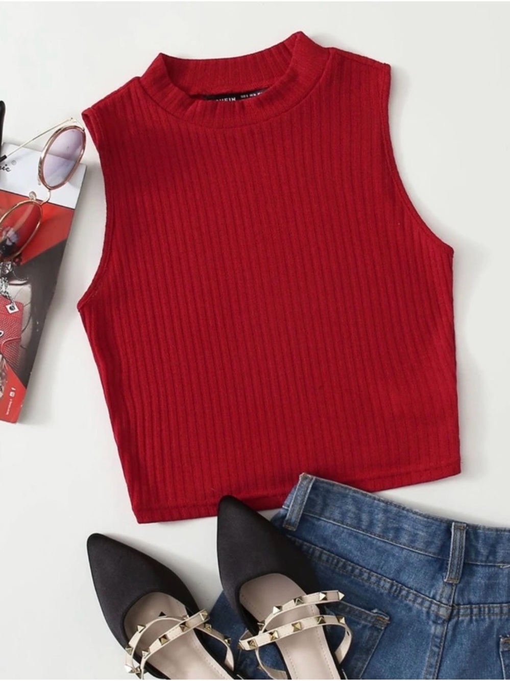 SHEIN Red Ribbed Mock Neck Sleeveless Crop Tank